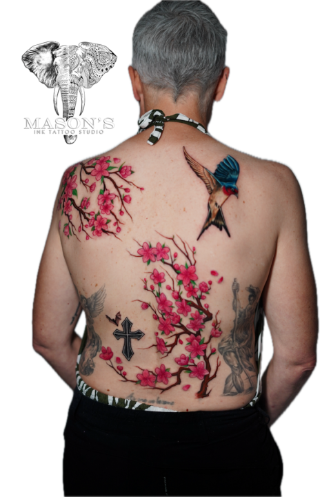Color Sakura and Bird Tattoo Design