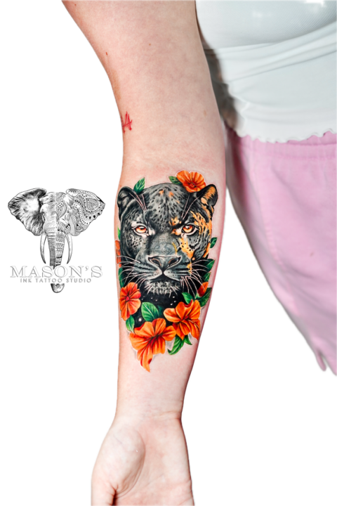 Color Tiger and Flower Cover Up Tattoo Design