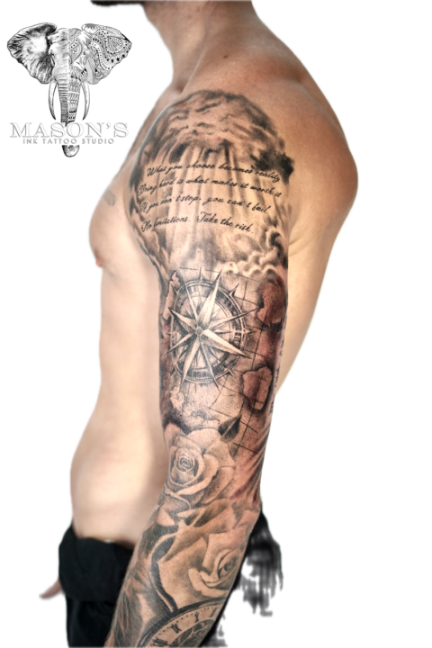 Compass Script Black and Grey Tattoo Design