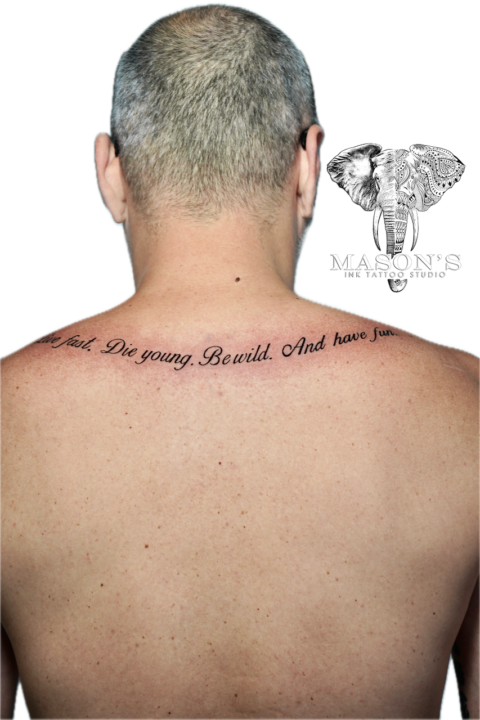 Fine Line Back Script Tattoo Design