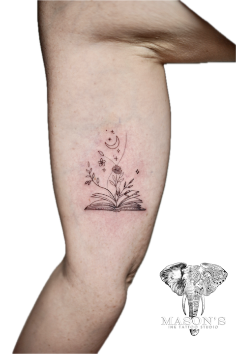 Fine Line Book and Flower Tattoo