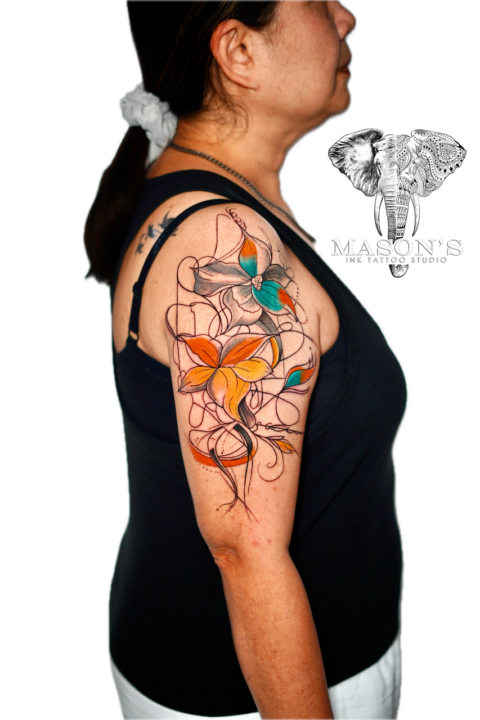 Fine Line Color Floral Tattoo Design