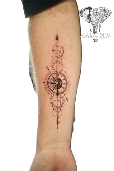Fine Line Compass and Geometric Tattoo Design