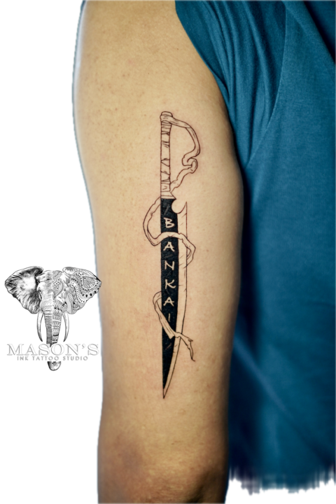 Fine Line Dagger and Script Tattoo Design