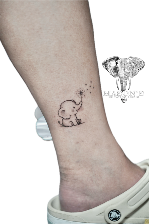 Fine Line Elephant and Dandelion Tattoo Design