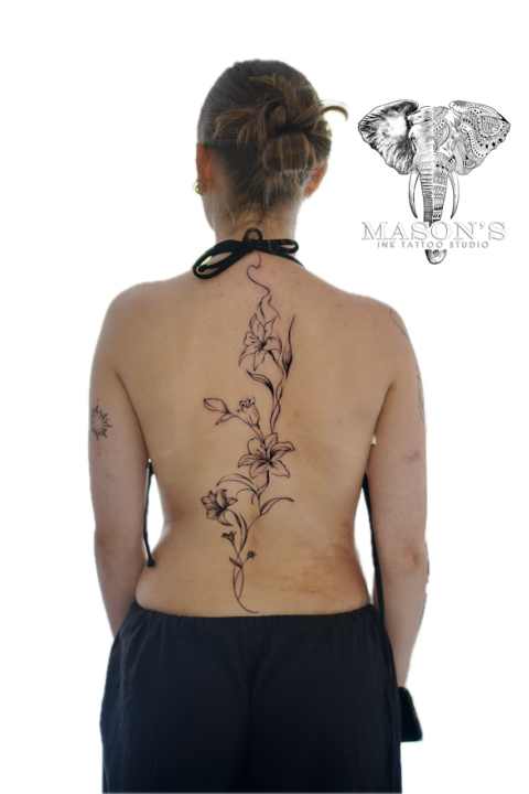 Fine Line Flower and Leaf Tattoo Design