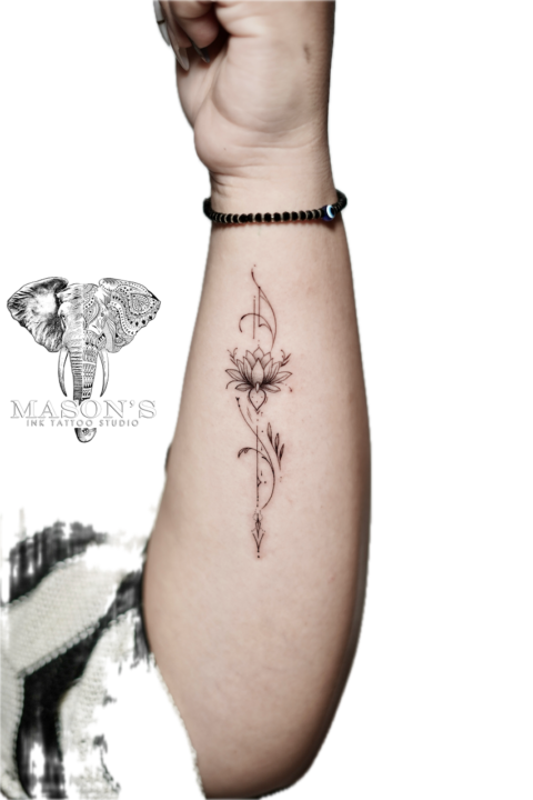 Fine Line Flower and Line Tattoo Design