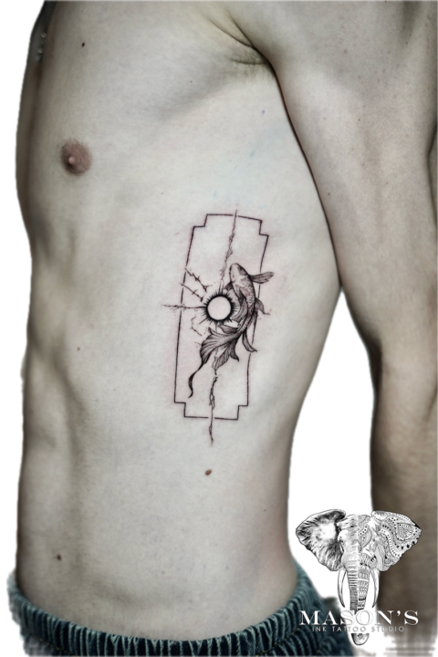 Fine Line Koi Fish Frame Tattoo Design