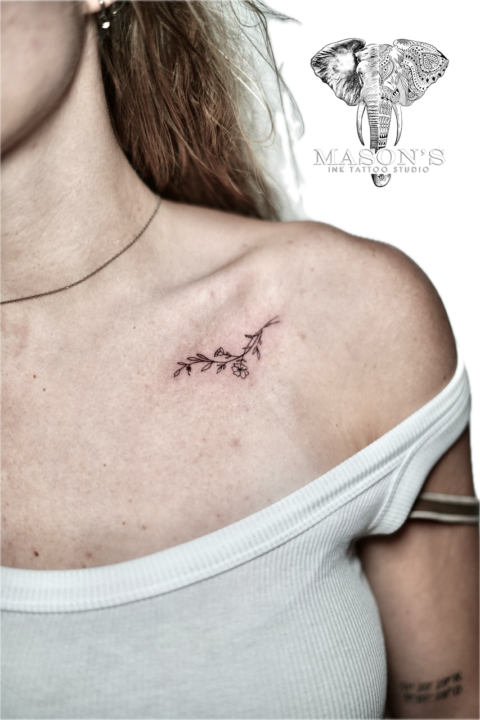 Fine Line Leaf and Flower Tattoo Design