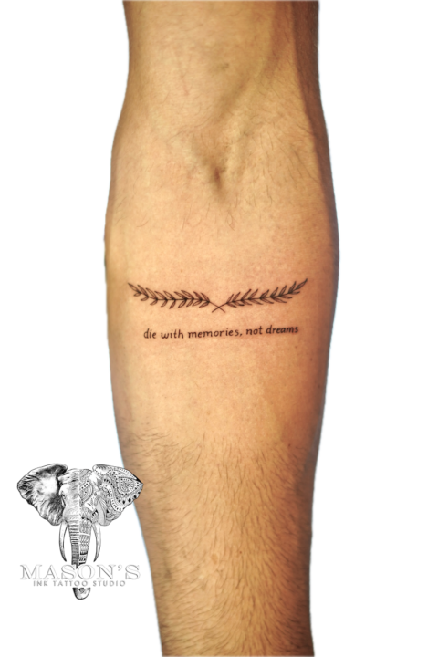 Fine Line Leaf and Script Tattoo Design