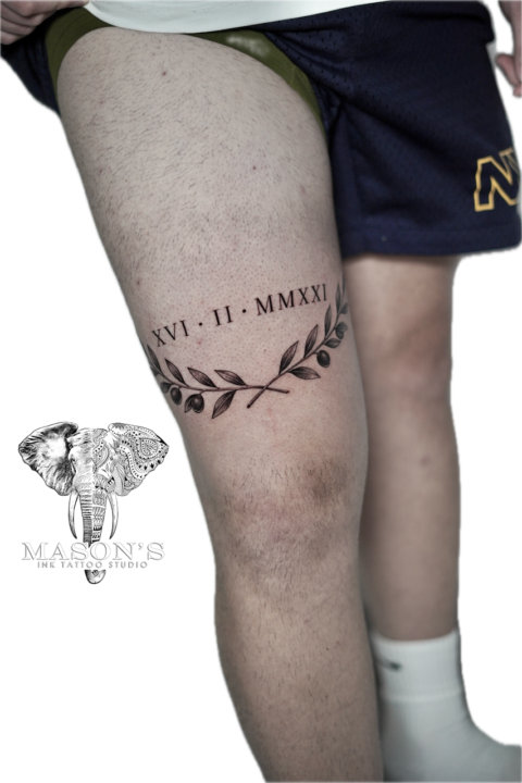 Fine Line Leaf and Script Tattoo Design