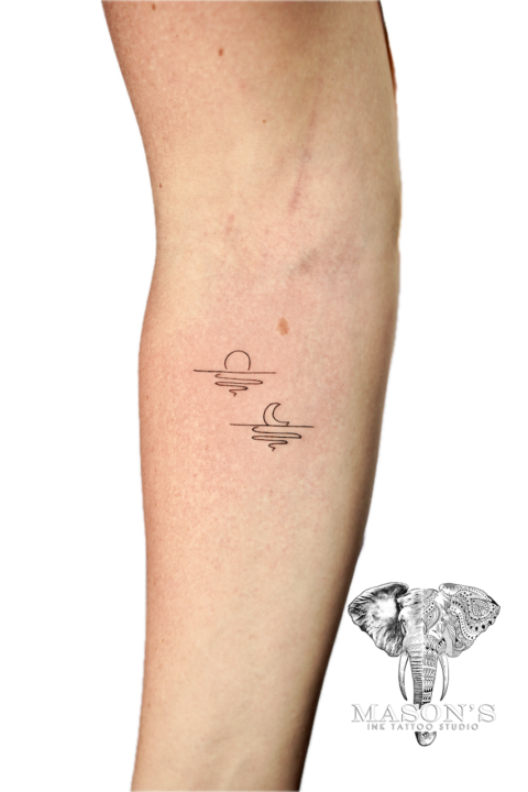 Fine Line Moon and Waves Tattoo Design