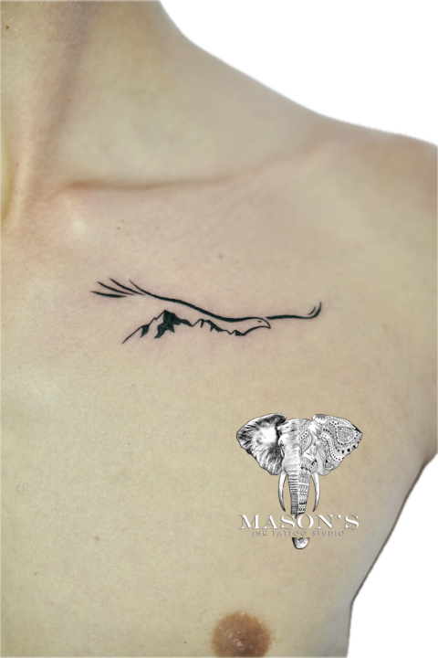Fine Line Mountain and Eagle Tattoo Design