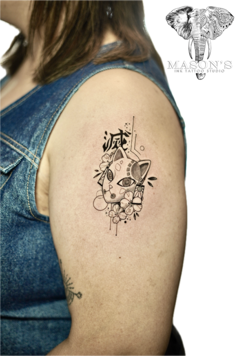 Fine Line Oni Mask Tattoo Design