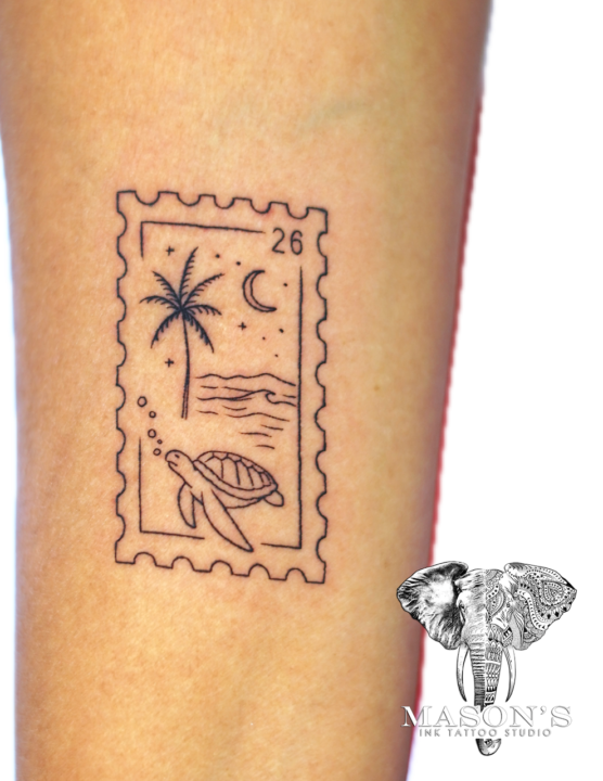 Fine Line Palm Tree and Turtle Tattoo Design
