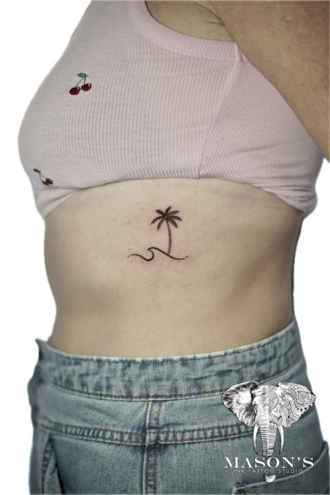 Fine Line Palm Tree and Wave Tattoo Design