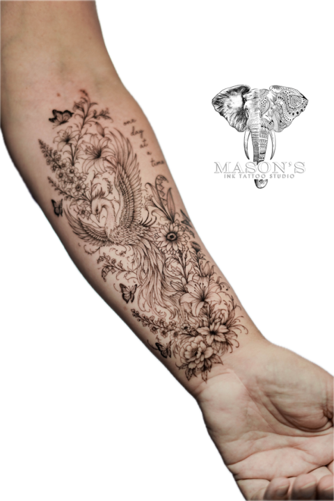 Fine Line Phoenix Floral Tattoo Design