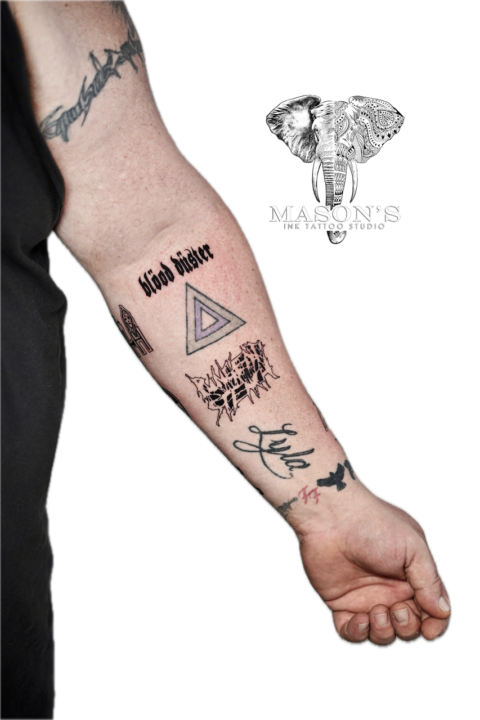 Fine Line Rock Band Script Tattoo Design