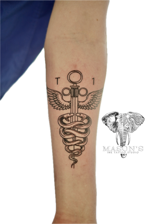 Fine Line Rod of Asclepius Tattoo Design