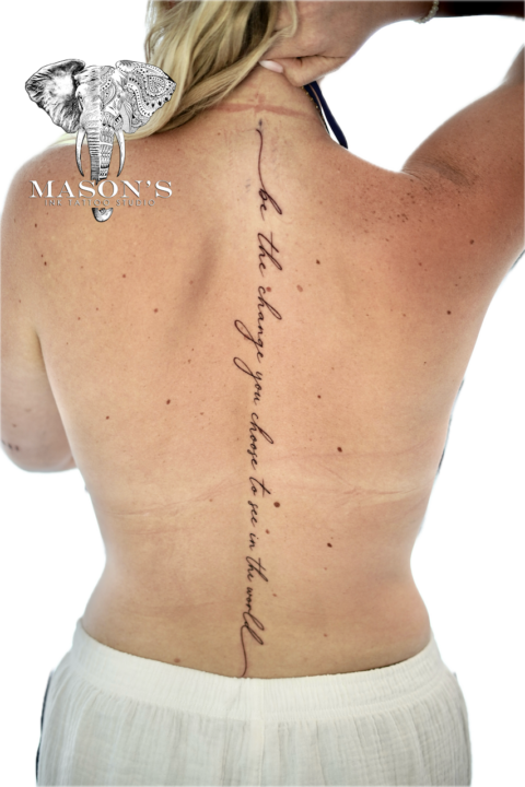 Fine Line Script Back Tattoo Design