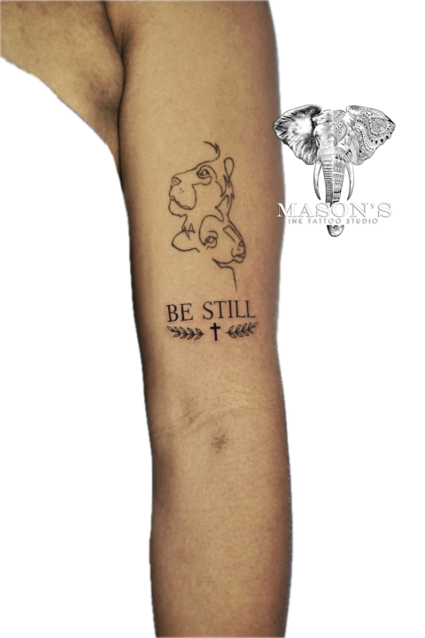 Fine Line Script Cross and Leaf Tattoo Design