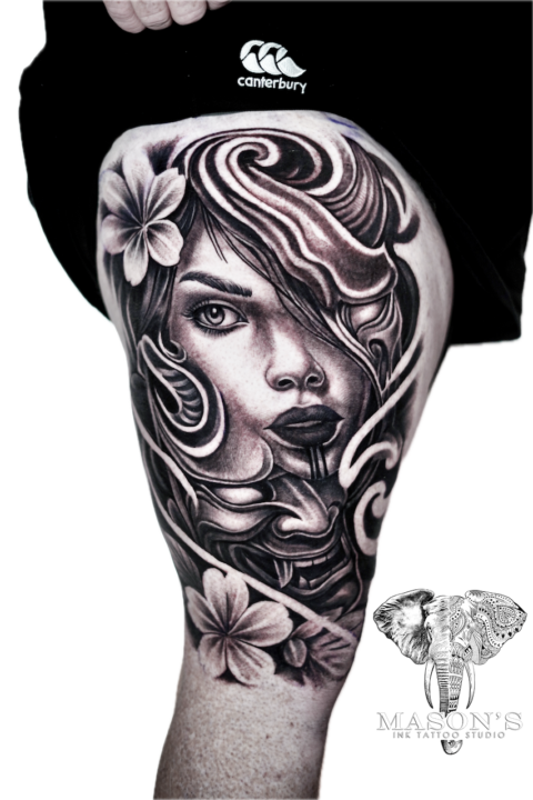 Japanese Mask and Woman Tattoo Design
