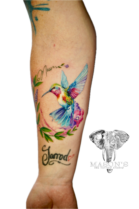 Realism Color Bird and Leaf Tattoo Design