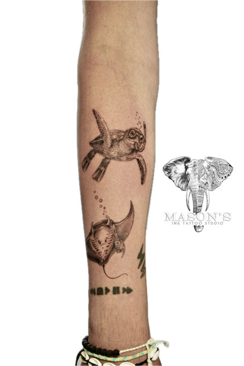 Realism Turtle and Manta Ray Tattoo Design