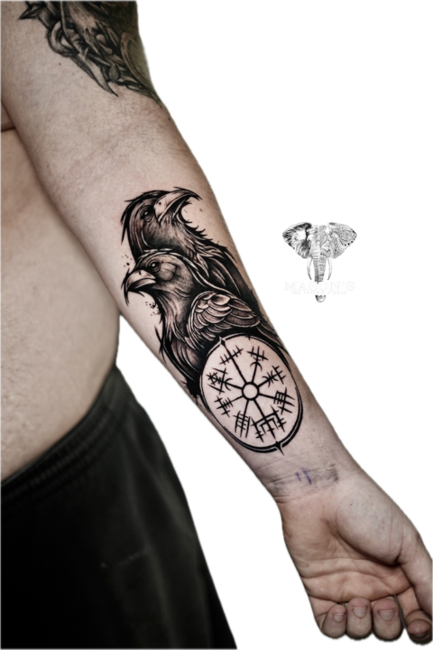 Blackwork Bird and Script Tattoo Design