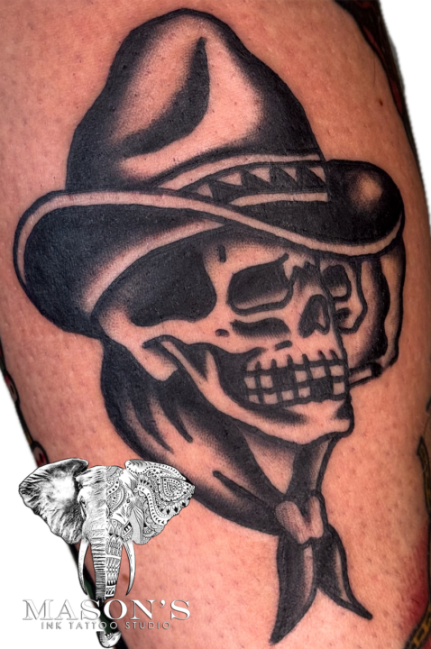 Classic Black and Grey Skull in Hat Tattoo Design
