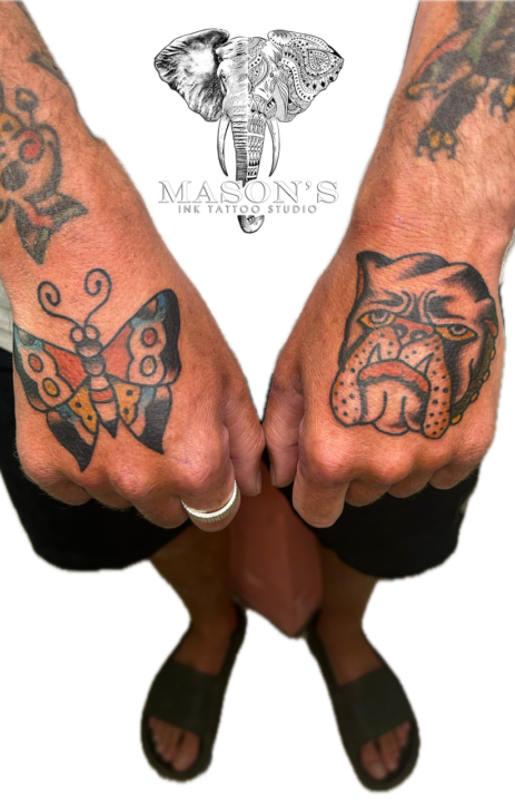 Classic Bulldog and Butterfly Tattoo Design