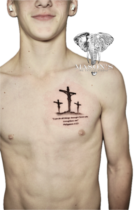 Fine Line Cross and Bible Quote Tattoo Design