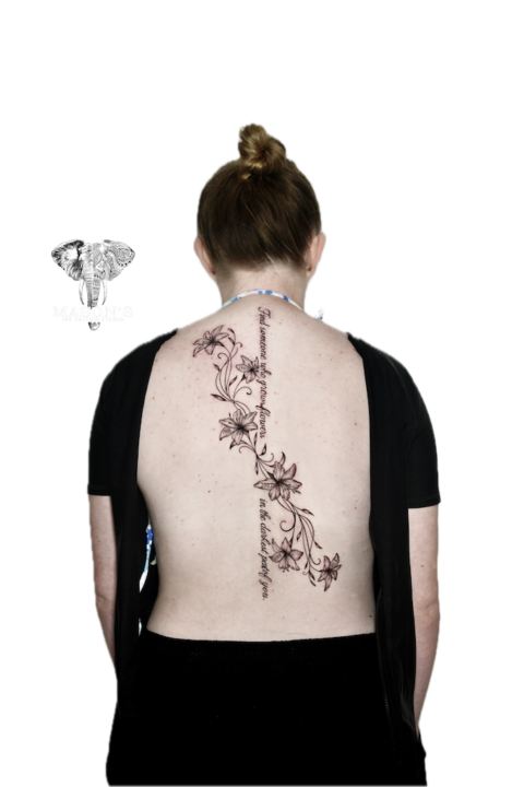 Fine Line Floral and Script Tattoo Design