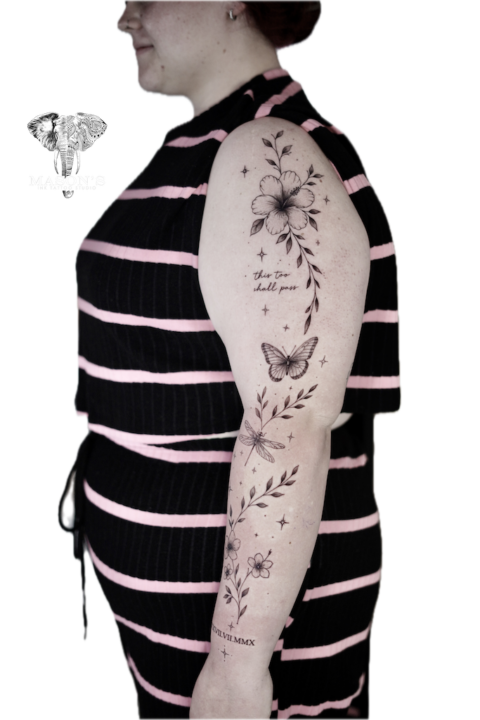 Fine Line Flower, Butterfly and Script Tattoo Design