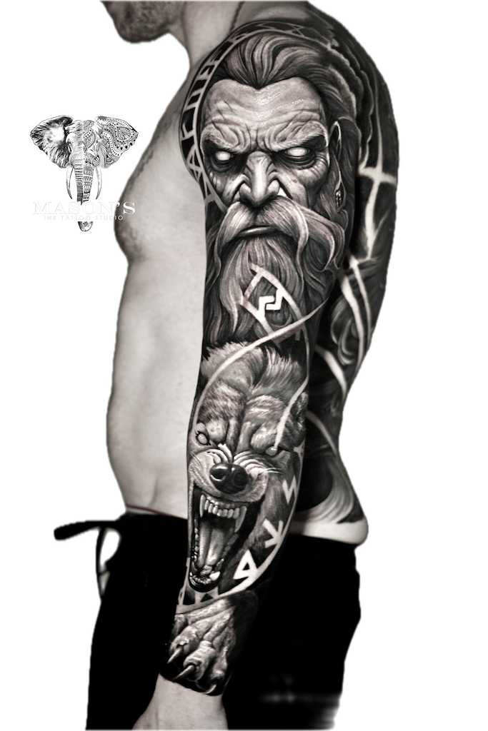 Poseidon and Wolf Realism Tattoo Design