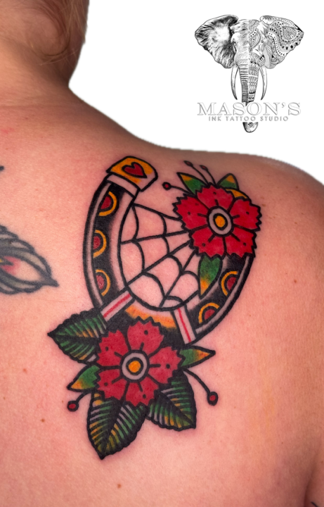 Traditional Horseshoe and Spider Web Floral Tattoo Design