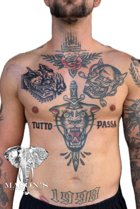 Traditional Panther and Dagger Chest Piece Tattoo Design